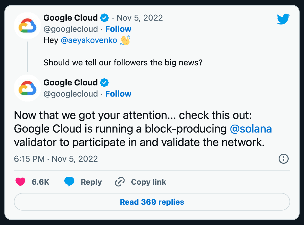 Google tweets about solana