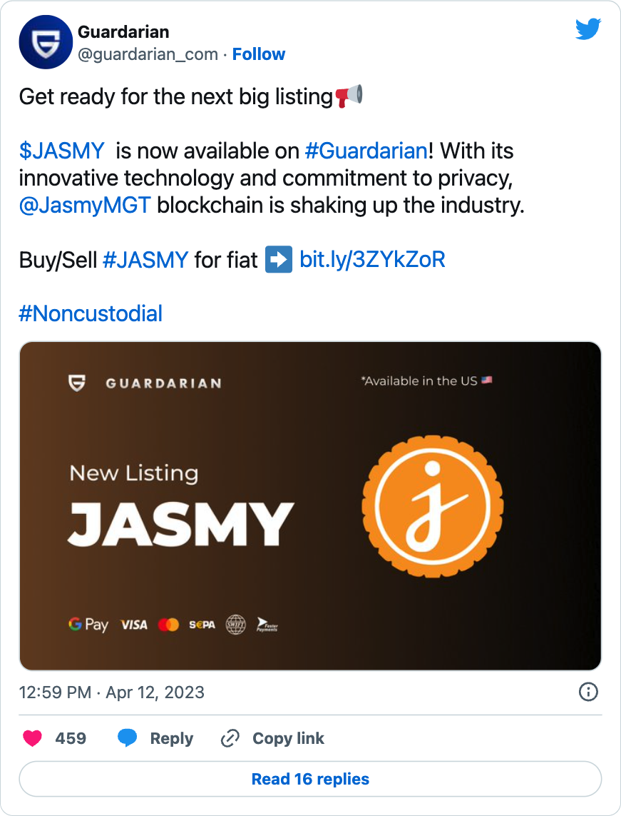Jasmy announcement - How to promote your crypto token with Guardarian