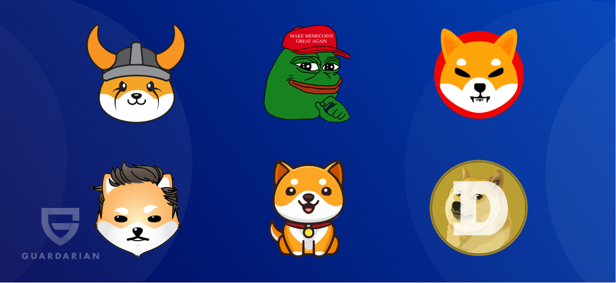 FLOKI, PEPE, SHIB, ELON, BABYDOGE, DOGE logos. Best Meme Coins to Invest In 2023