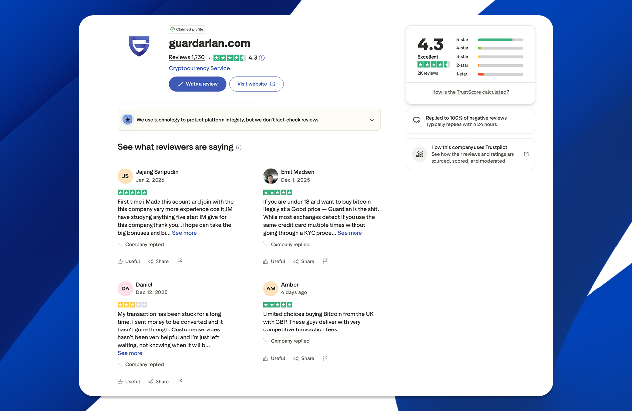 Guardarian reviews on Trustpilot