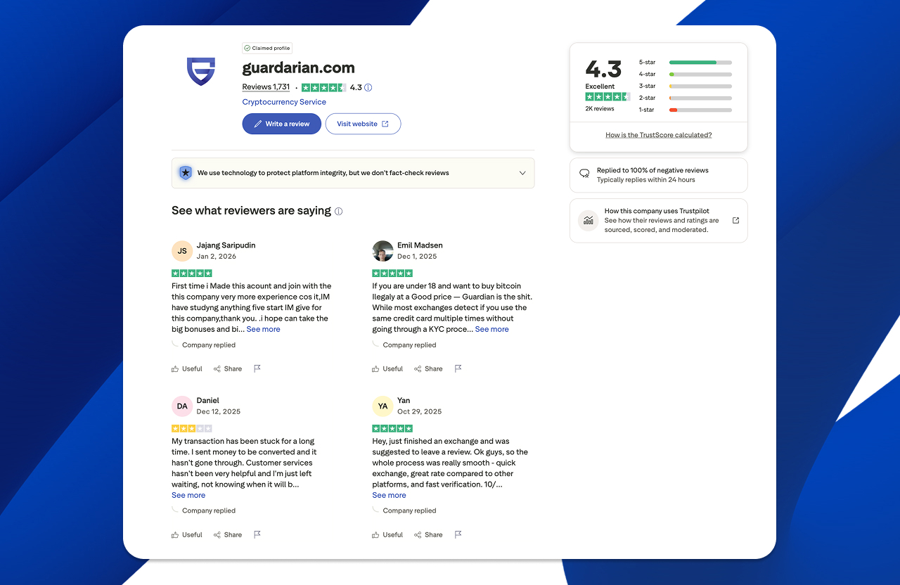 Guardarian reviews on Trustpilot
