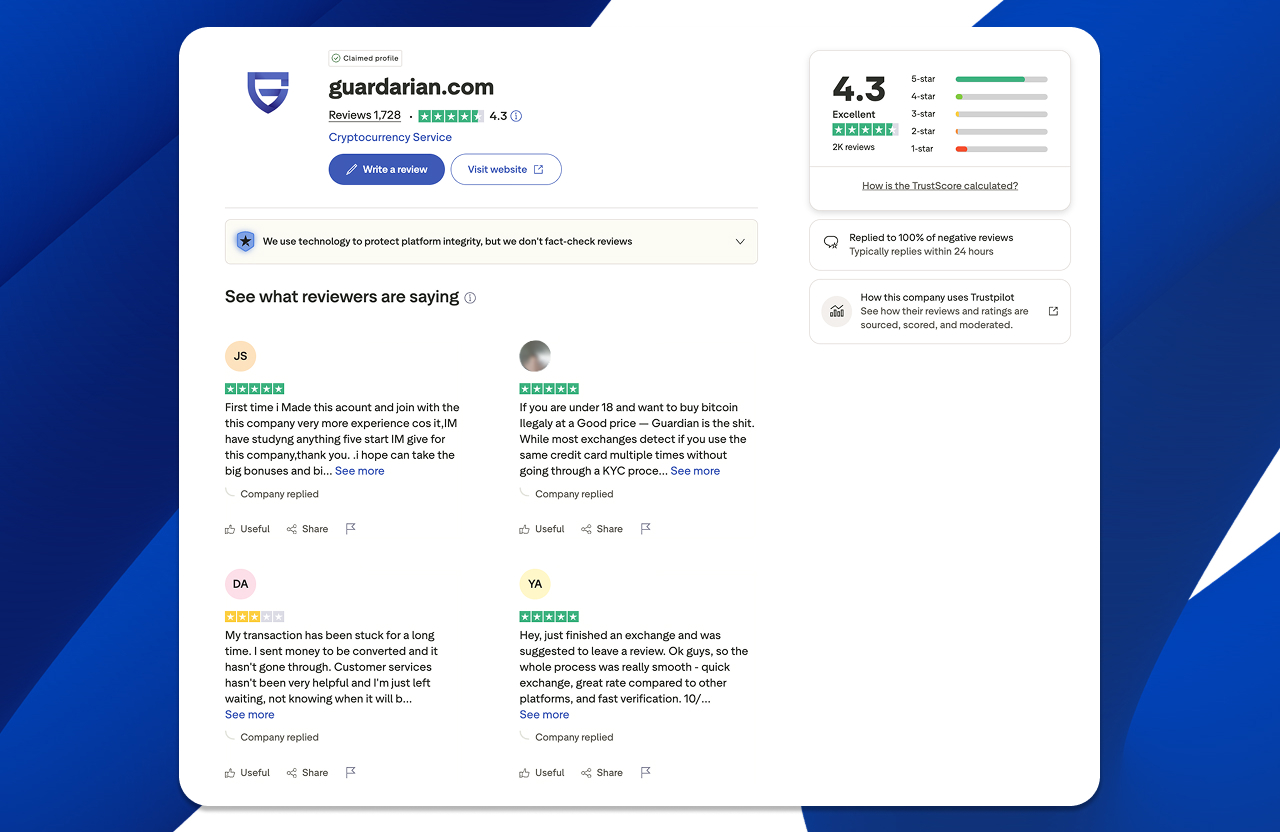 Guardarian reviews on Trustpilot