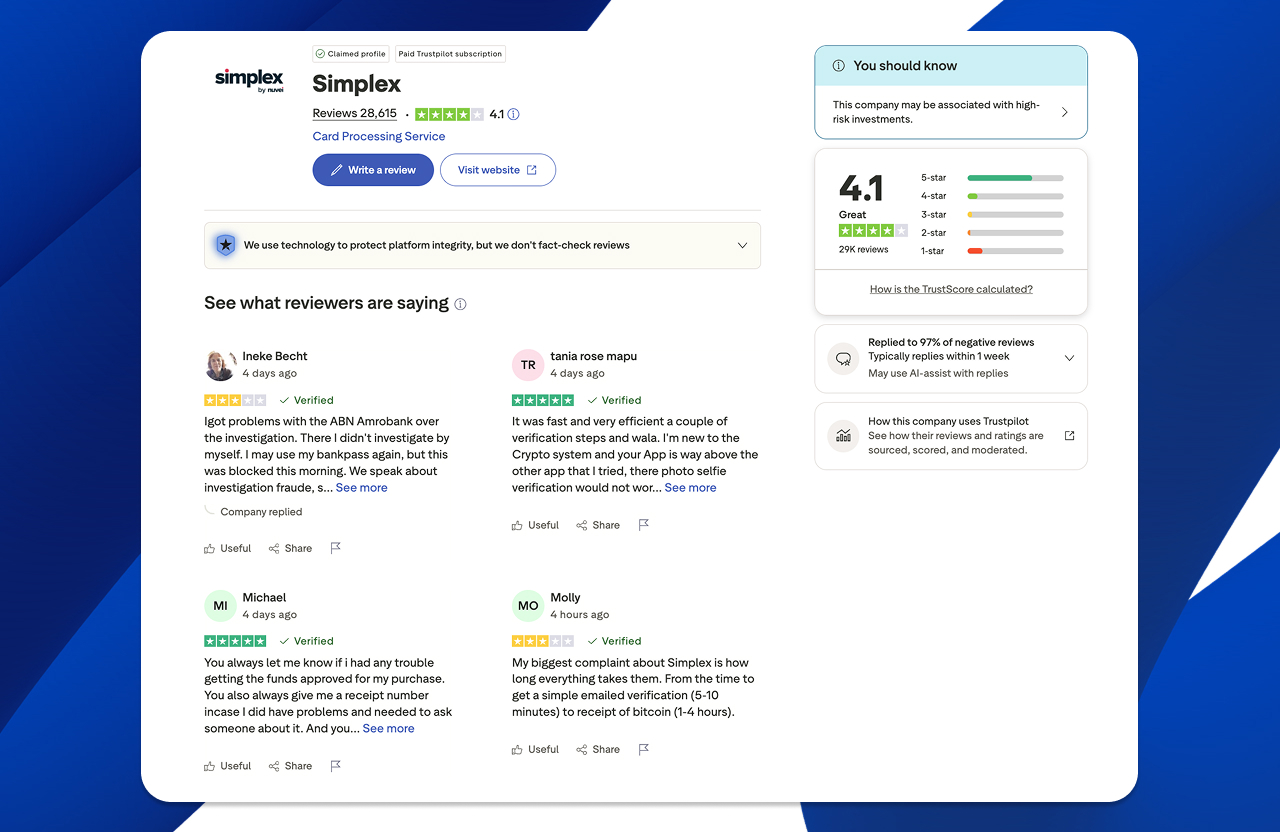Simplex reviews on Trustpilot