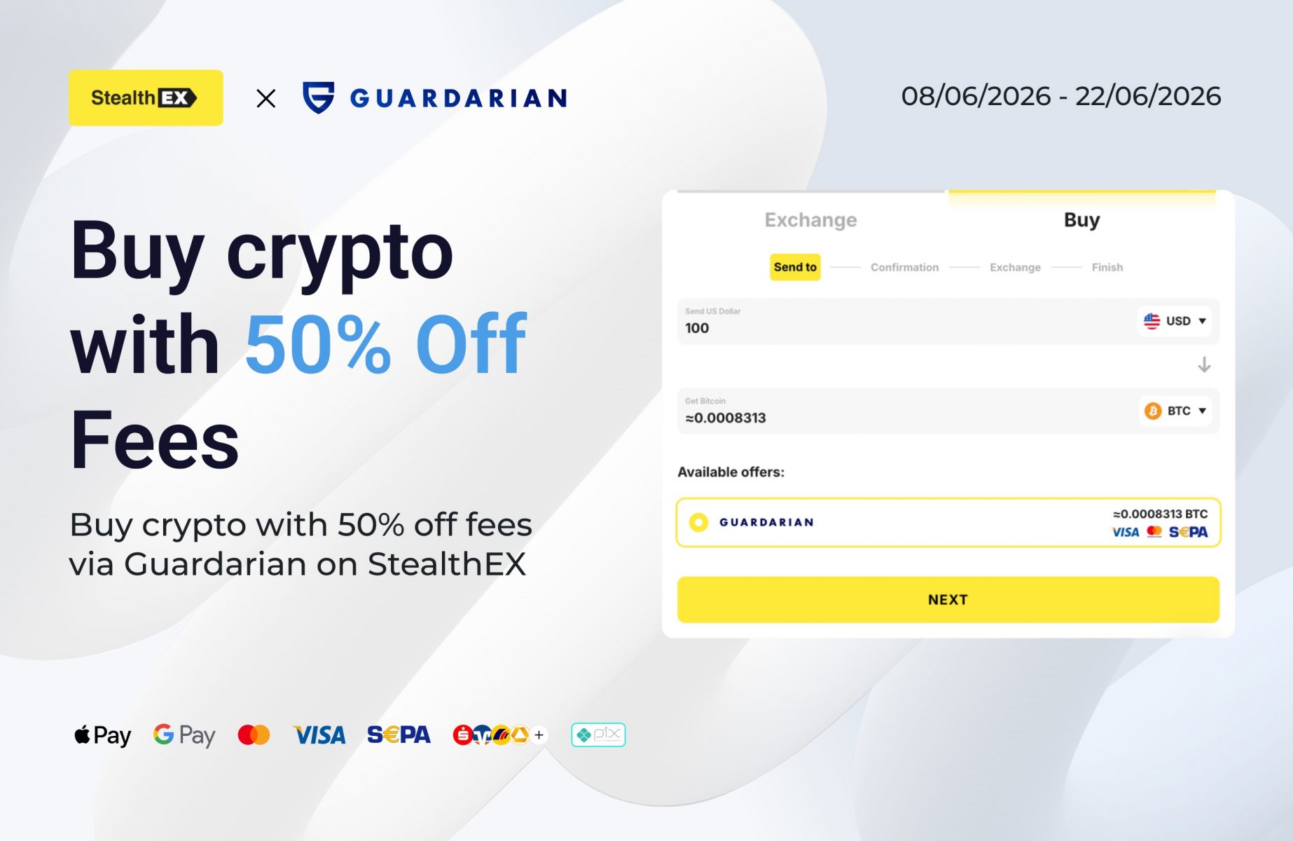 Guardarian und StealthEx 50 % weniger Gebühren